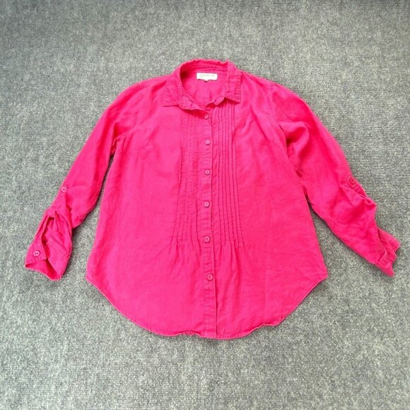 Jones New York Sport Shirt Womens M Pink Roll Tab Sleeve Linen Button Barbiecore - Picture 1 of 12